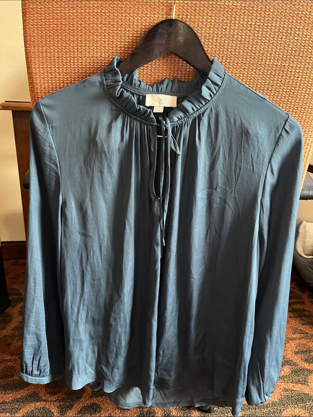 LOFT Ruffle-Neck Long-Sleeve Blouse - Teal Blue Polyester Sz Med